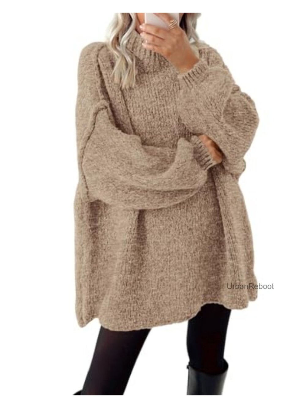 Mock Neck Cable Knit Oversized Pullover Sweater Long Sleeve